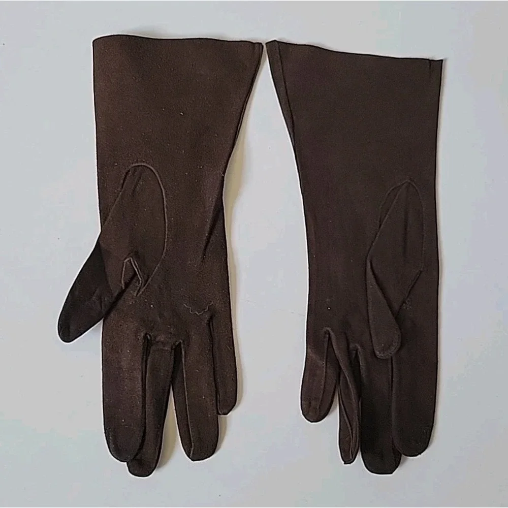 Miss Aris Gloves Vintage Suede‎ Bracelet Length Five Finger Chocolate Brown